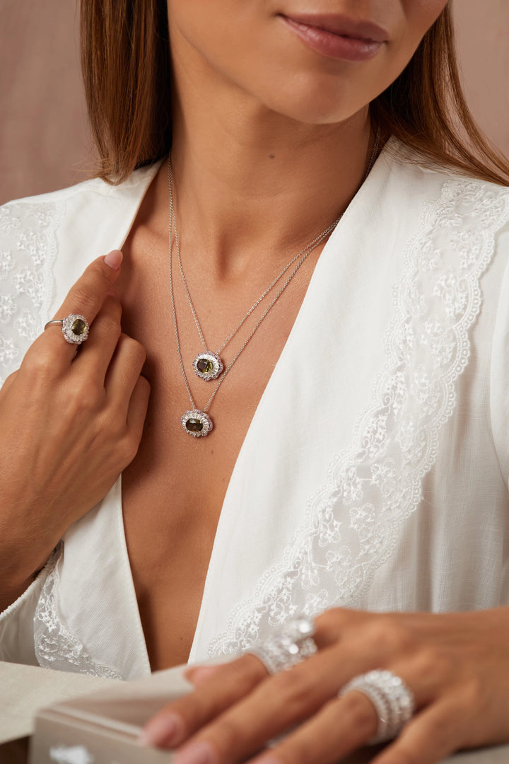 Bright Oval Peridot Crystal CZ Halo Pendant Necklace 55cm, Rhodium Plated