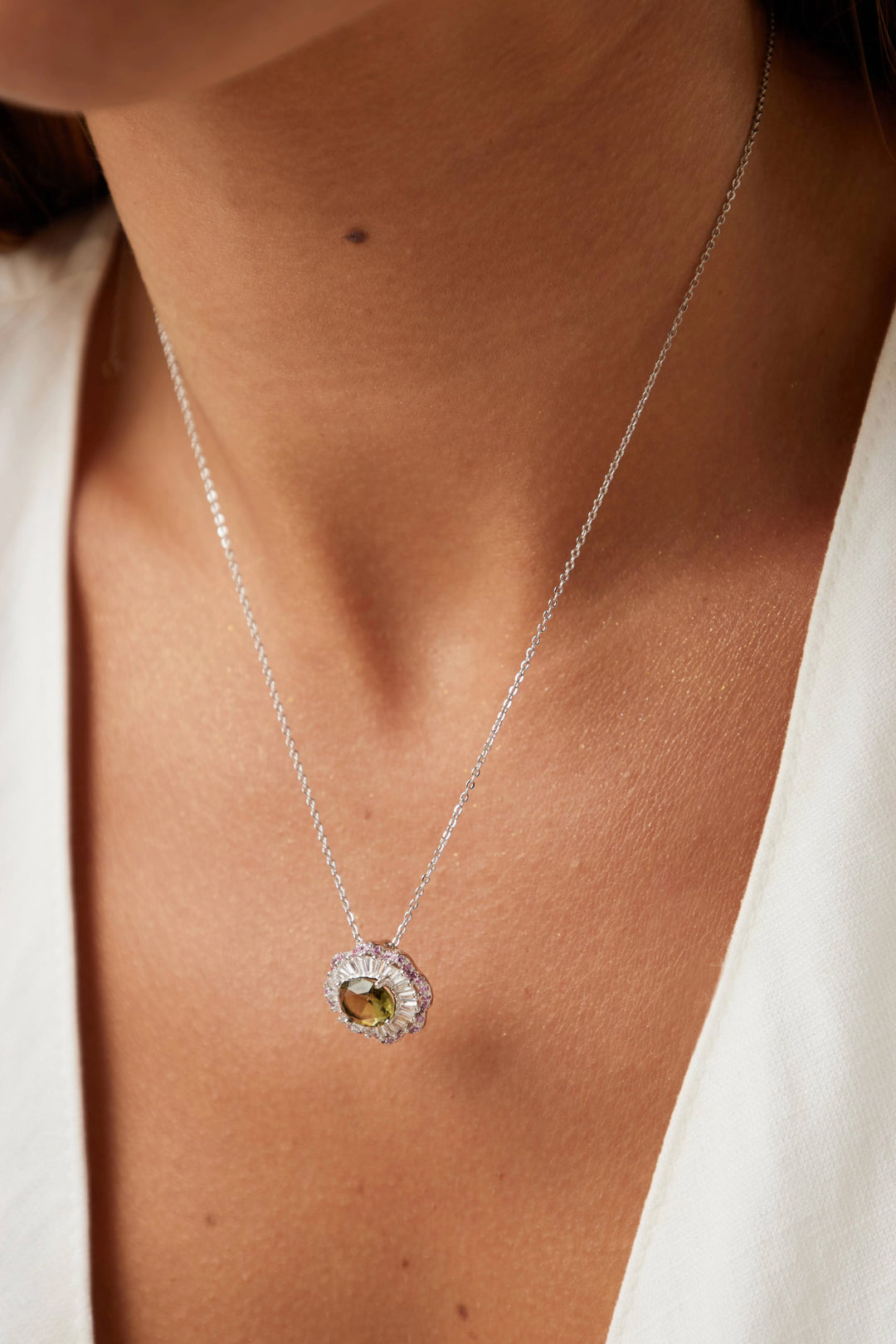 Bright Oval Peridot Crystal CZ Halo Pendant Necklace 55cm, Rhodium Plated