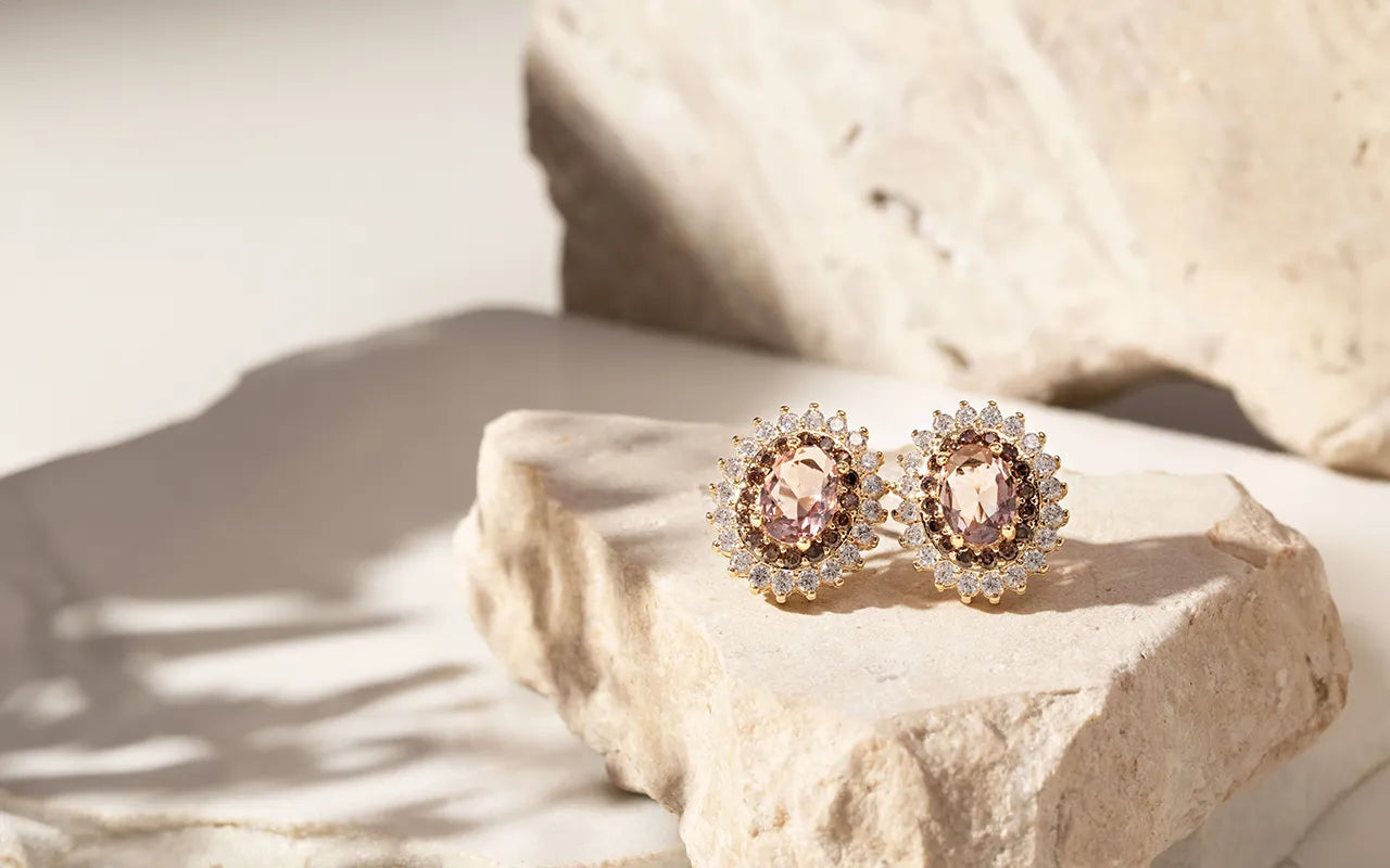 Bright Oval Rhodolite with white & brown Zirconia Statement Earrings, 18k Gold Filled Elladora Store Australia