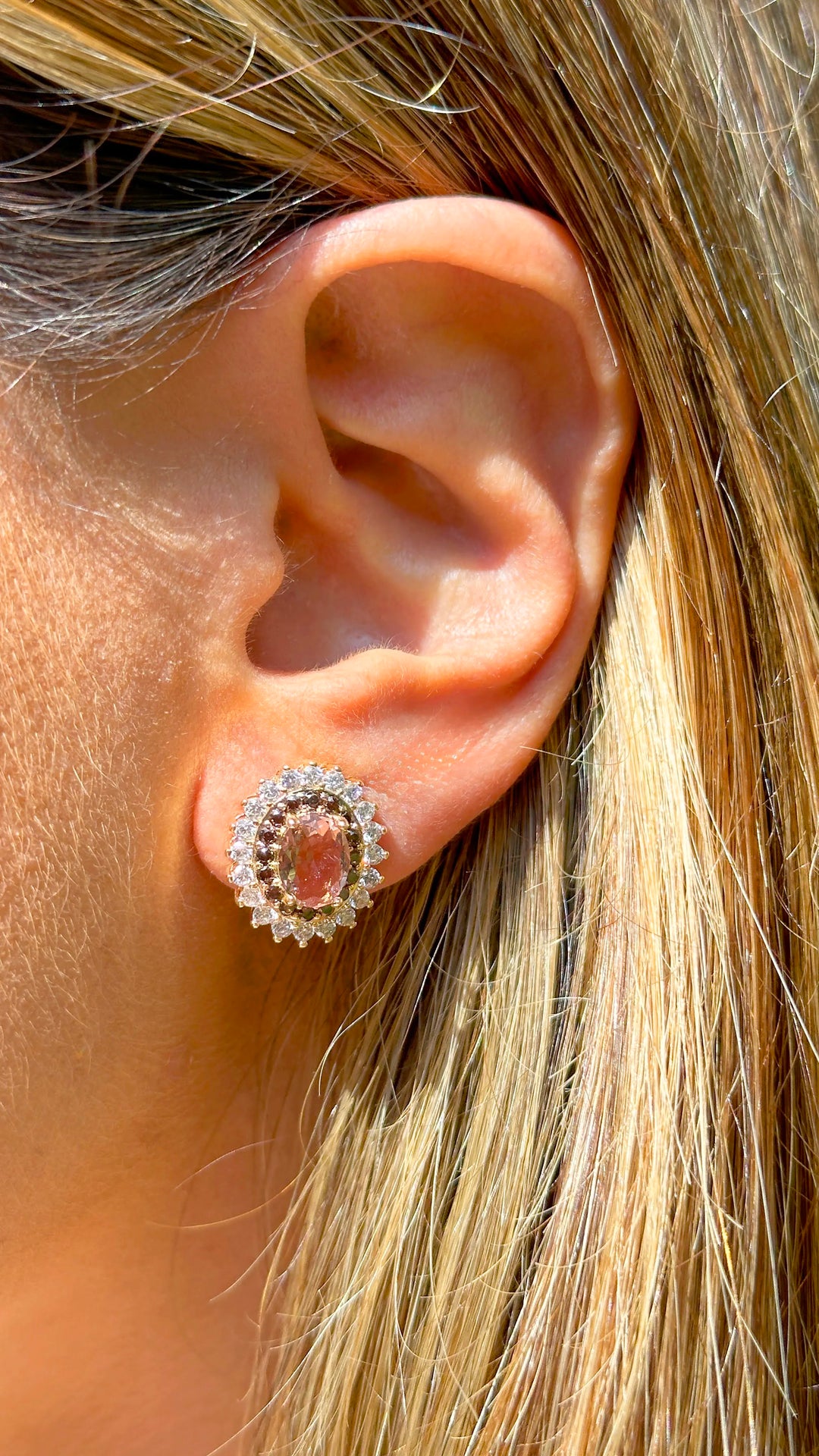 Woman wears Bright Oval Rhodolite with white & brown Zirconia Statement Earrings, 18k Gold Filled Elladora Store Australia