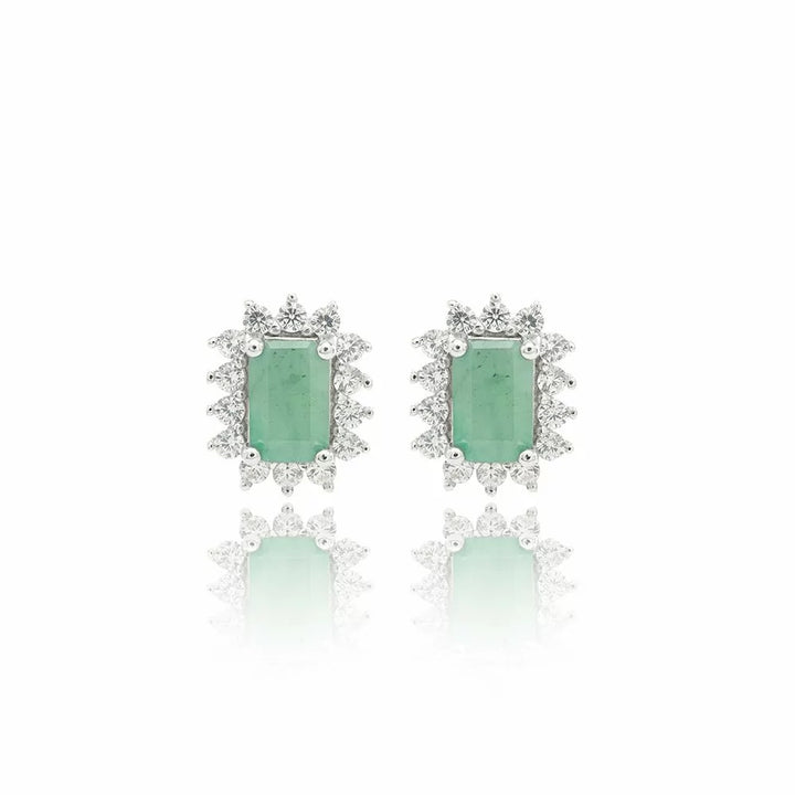 Bright Rectangle Natural Emerald 4x6mm and 0.50ct & 1.5mm D/VVS1 Moissanite Melee Stud Earrings, 925 Sterling Silver