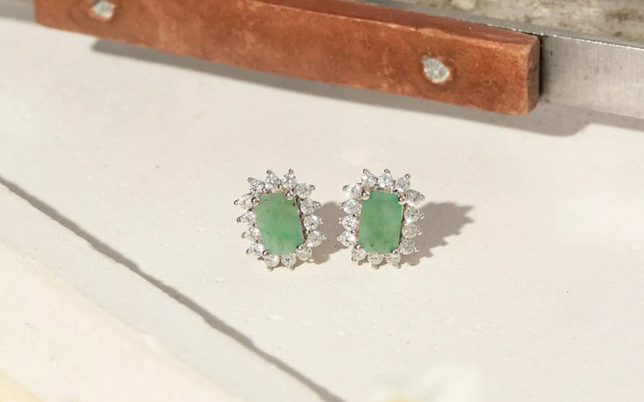 Bright Rectangle Natural Emerald 4x6mm and 0.50ct & 1.5mm D/VVS1 Moissanite Melee Stud Earrings, 925 Sterling Silver