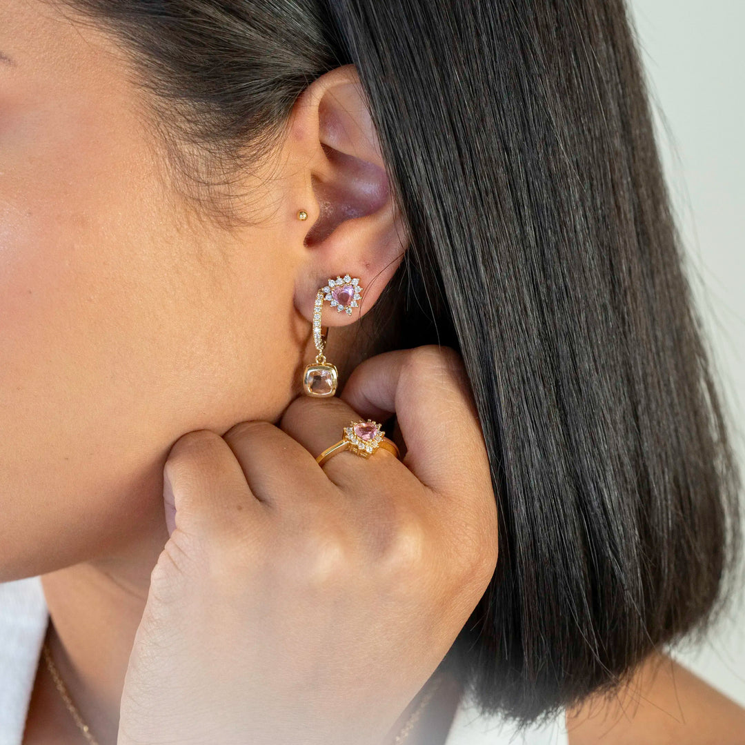 Square Morganite Crystal Hoop Earrings, 18k Gold Filled
