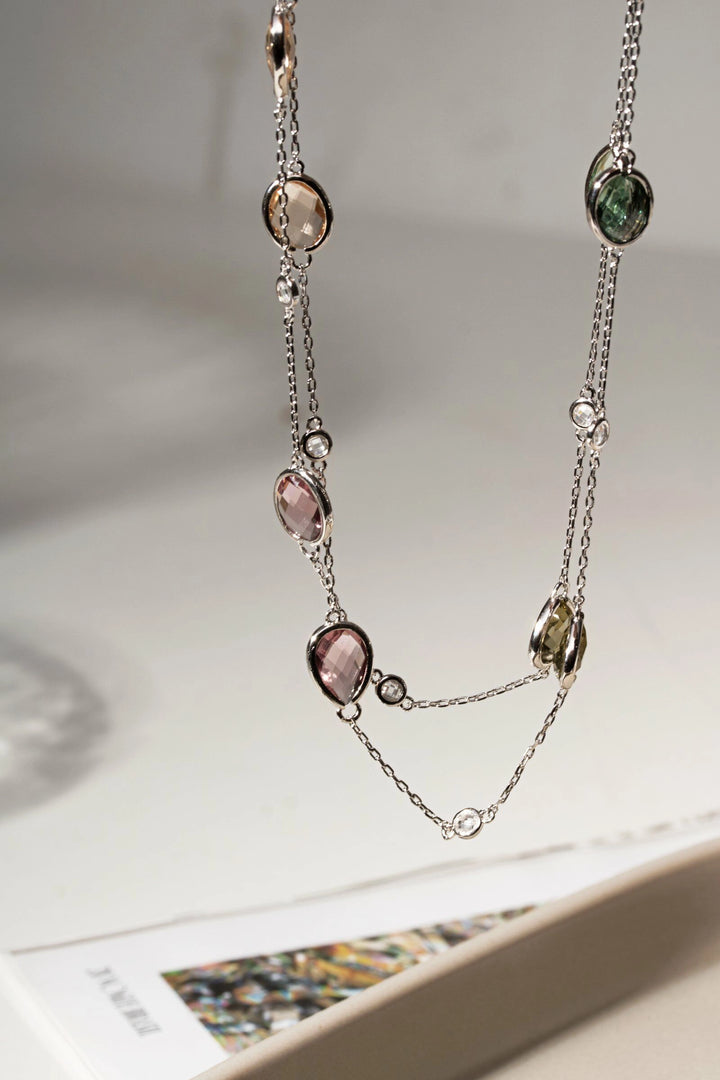 Bright Rhodolite Long Necklace Crystal, Rhodium Plated