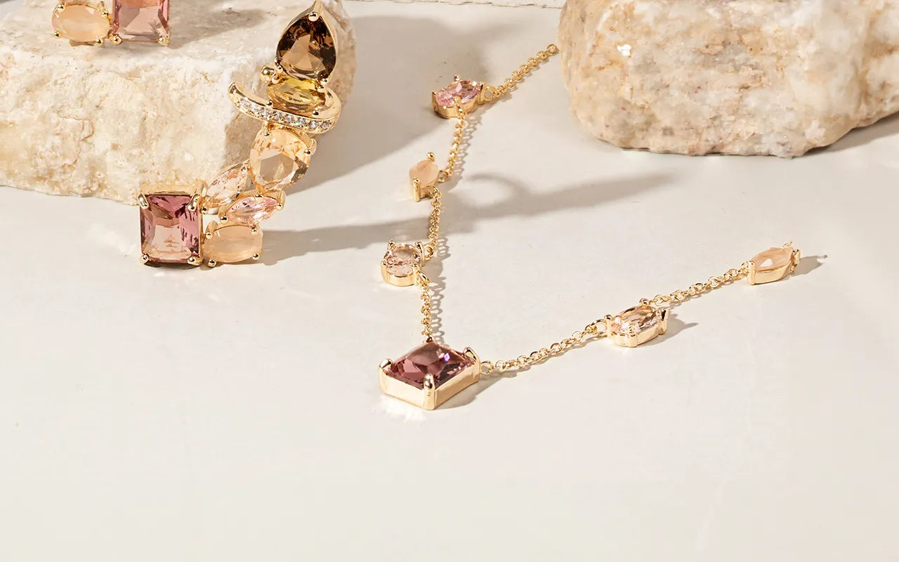 Rhodolite, morganite and quartz crystals shapes necklace 18k gold filled Elladora Store Australia