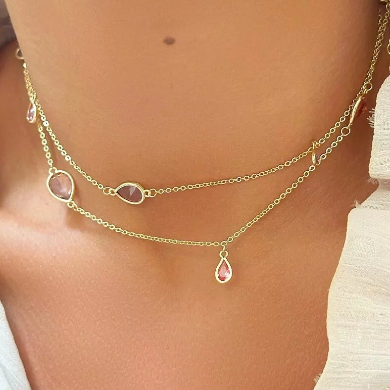 Bright Rhodolite Tear Drop Long Necklace, 18k Gold Filled
