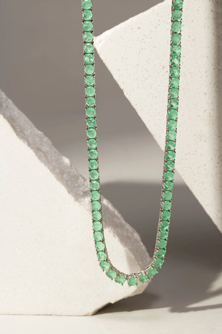 Bright Round Colombian Emerald Fusion Tennis Necklace, Rhodium Plated