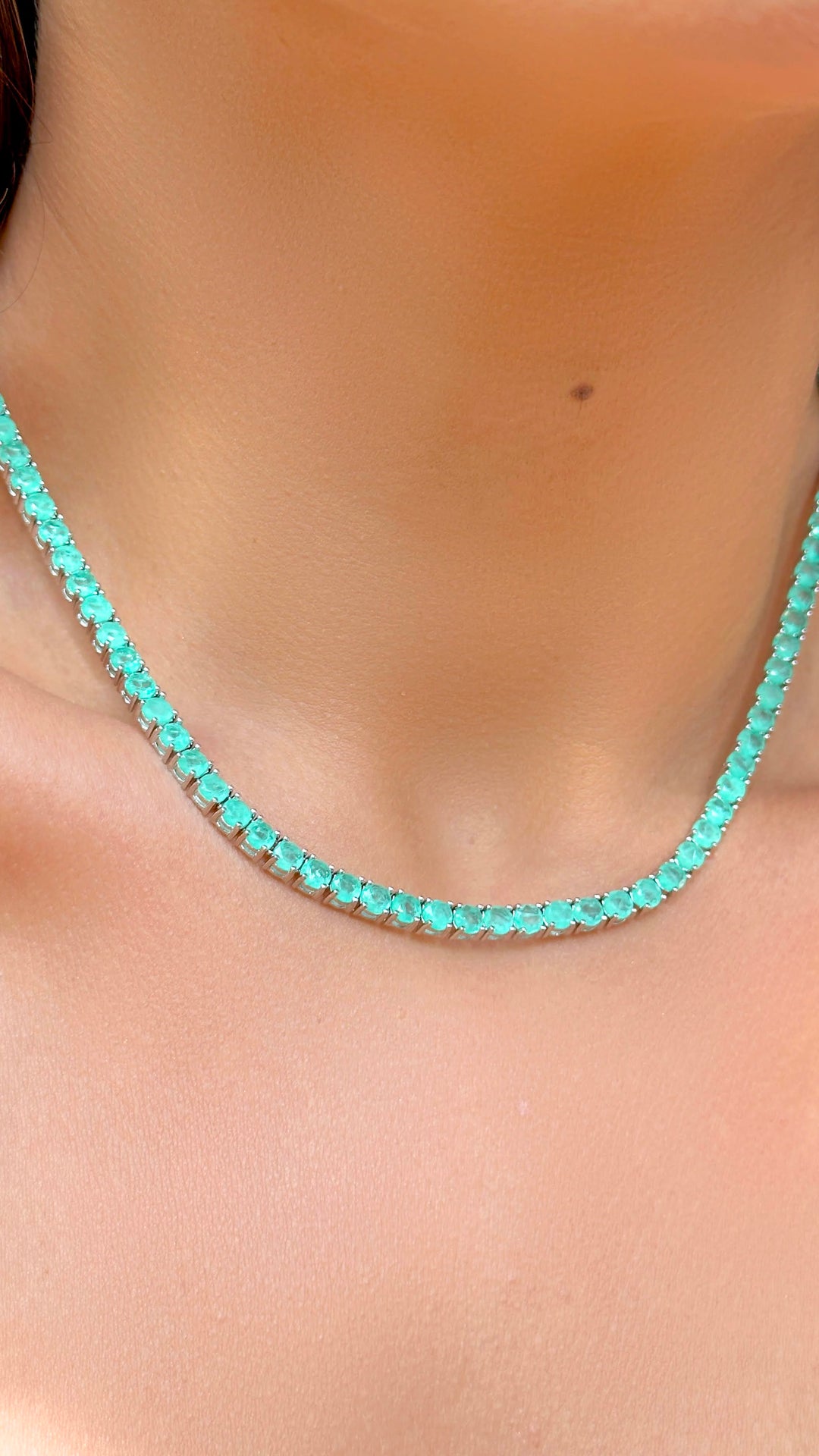 Bright Round Colombian Emerald Fusion Tennis Necklace, Rhodium Plated