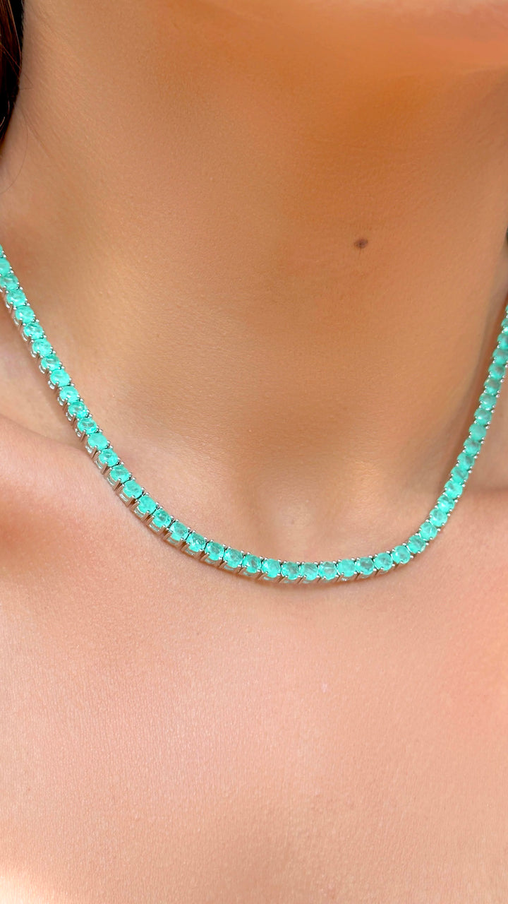 Bright Round Colombian Emerald Fusion Tennis Necklace, Rhodium Plated