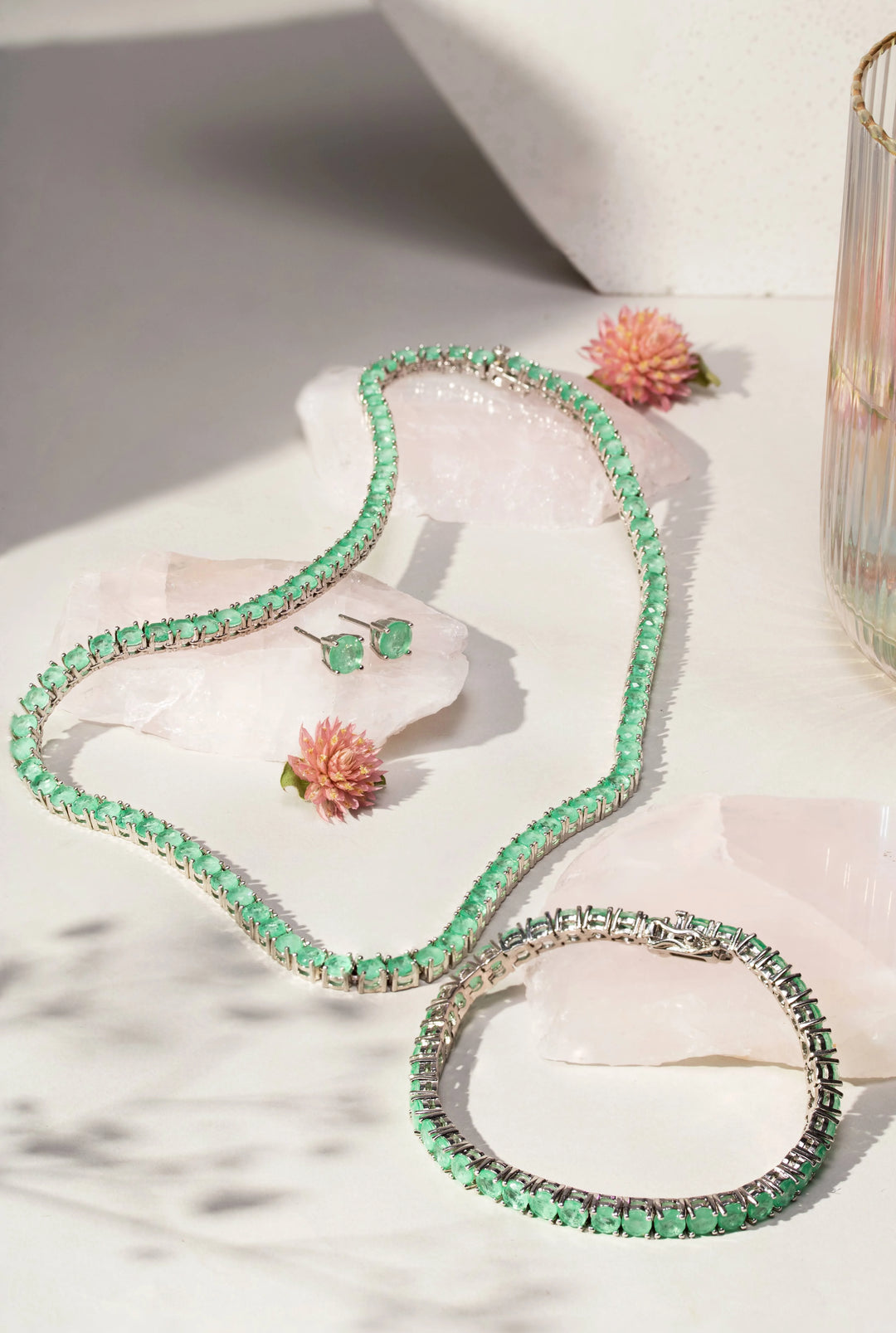 Bright Round Colombian Emerald Fusion Tennis Necklace, Rhodium Plated