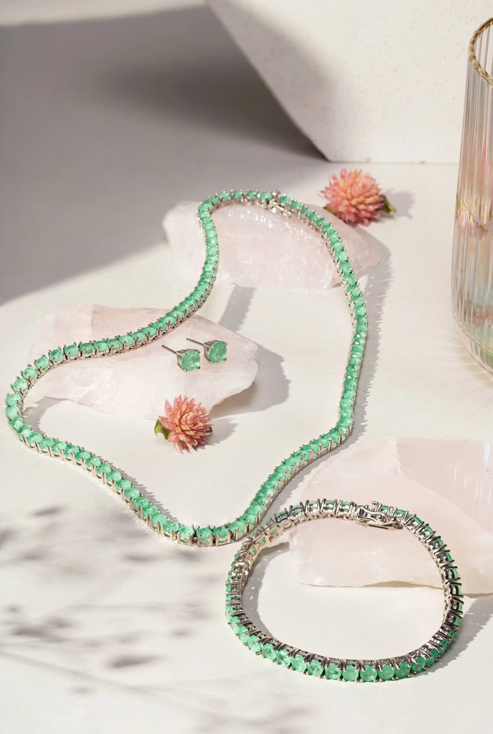 Bright Round Colombian Emerald Fusion Tennis Necklace, Rhodium Plated
