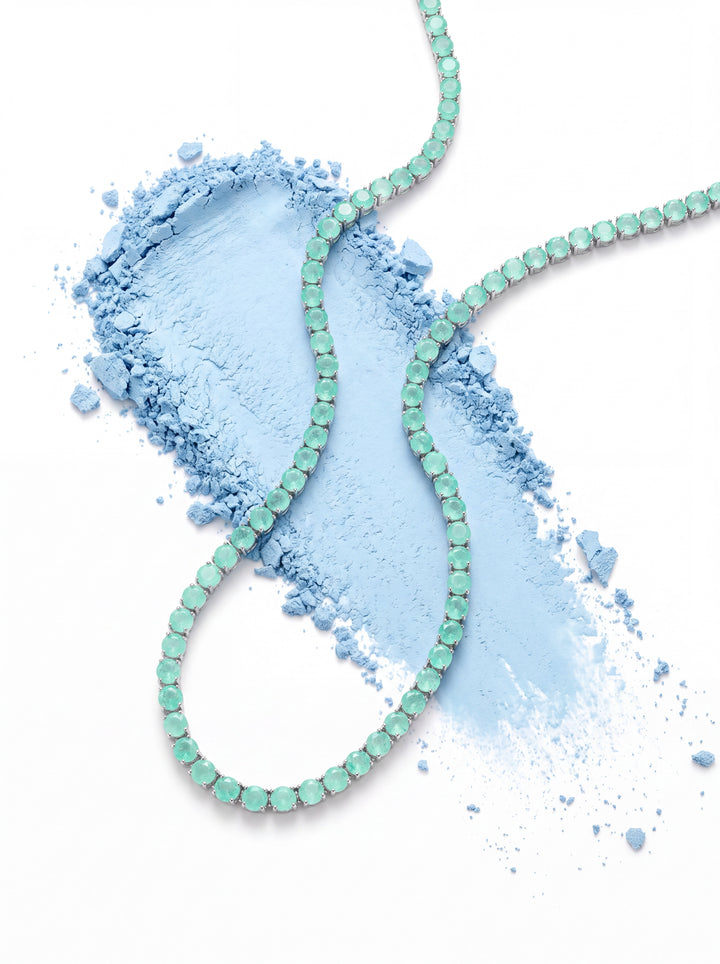 Bright Round Colombian Emerald Fusion Tennis Necklace, Rhodium Plated