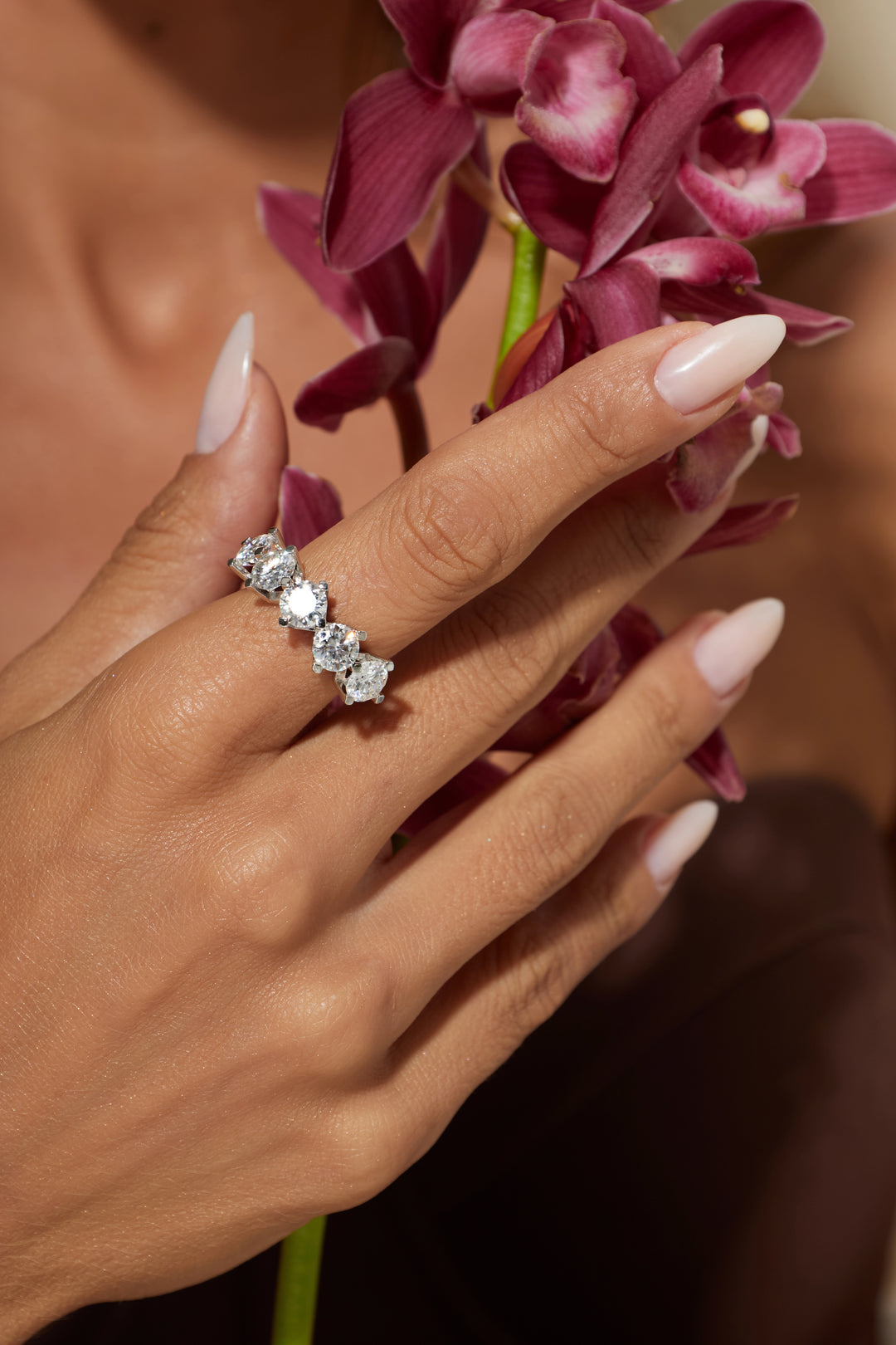 Bright Round Moissanite Half Band Ring, 925 Sterling Silver & Rhodium