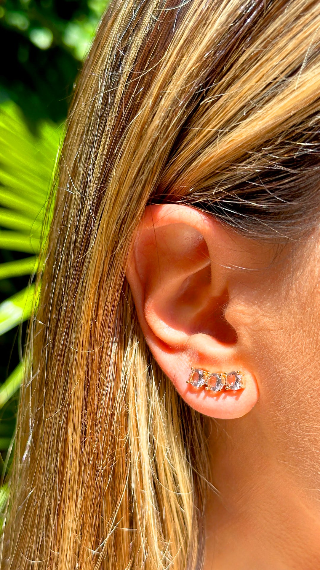Woman wears Bright Round Rhodolite Crystal Ear Cuff Earrings, 18k Gold Filled Elladora Store Australia