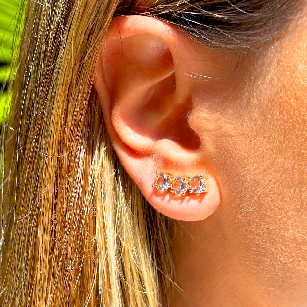 Woman wears Bright Round Rhodolite Crystal Ear Cuff Earrings, 18k Gold Filled Elladora Store Australia