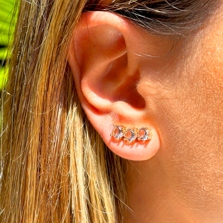 Woman wears Bright Round Rhodolite Crystal Ear Cuff Earrings, 18k Gold Filled Elladora Store Australia