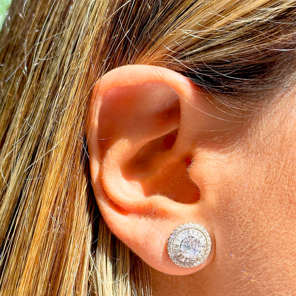 Woman wears Bright Round White Crystal Stud Earrings, 925 Sterling Silver Elladora Store Australia