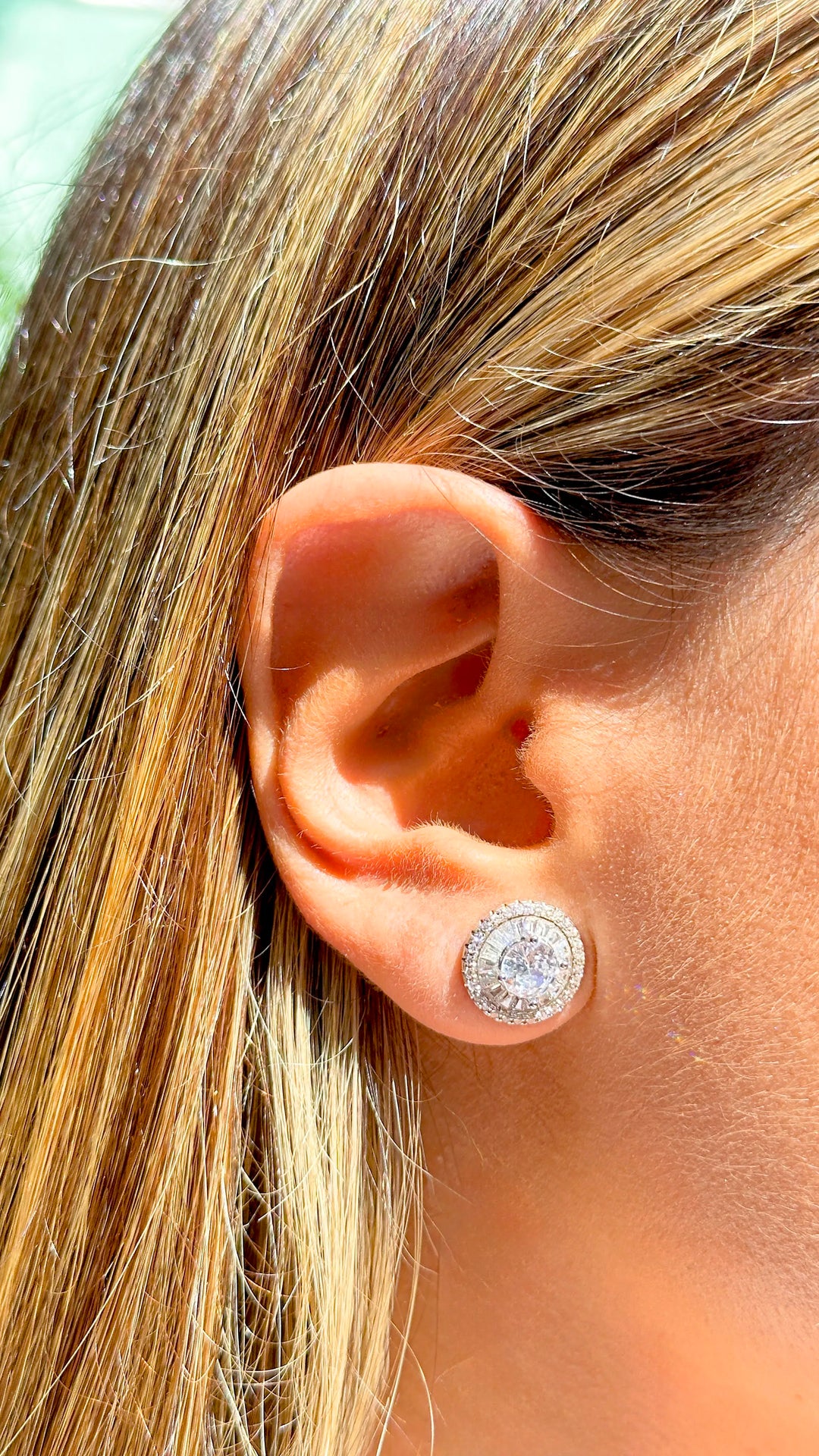 Woman wears Bright Round White Crystal Stud Earrings, 925 Sterling Silver Elladora Store Australia
