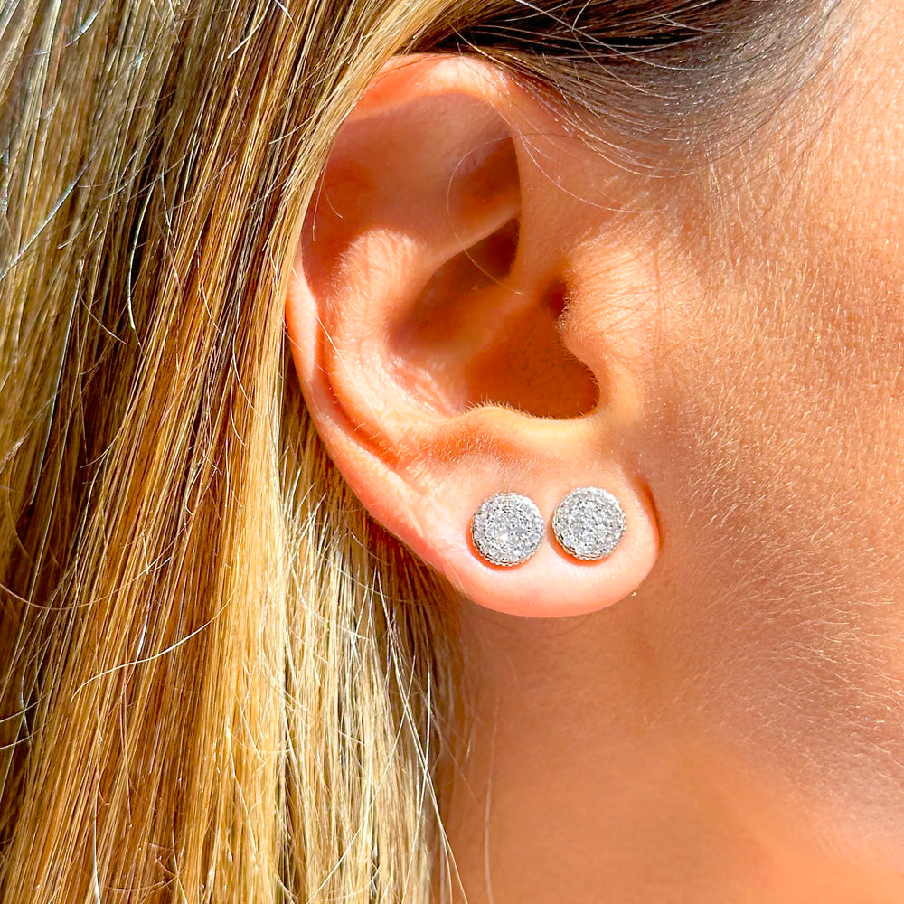 Woman wears Bright Round with White Cubic Zirconia Stud Earrings, 925 Sterling Silver Elladora Store Australia