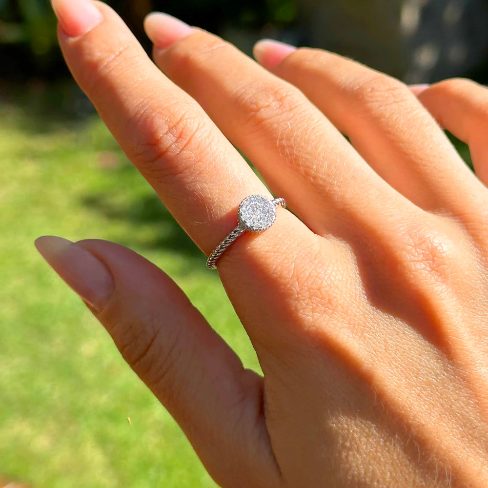 Woman wears Bright Round with White Zirconia Solitaire Ring, 925 Sterling Silver Elladora Store Australia
