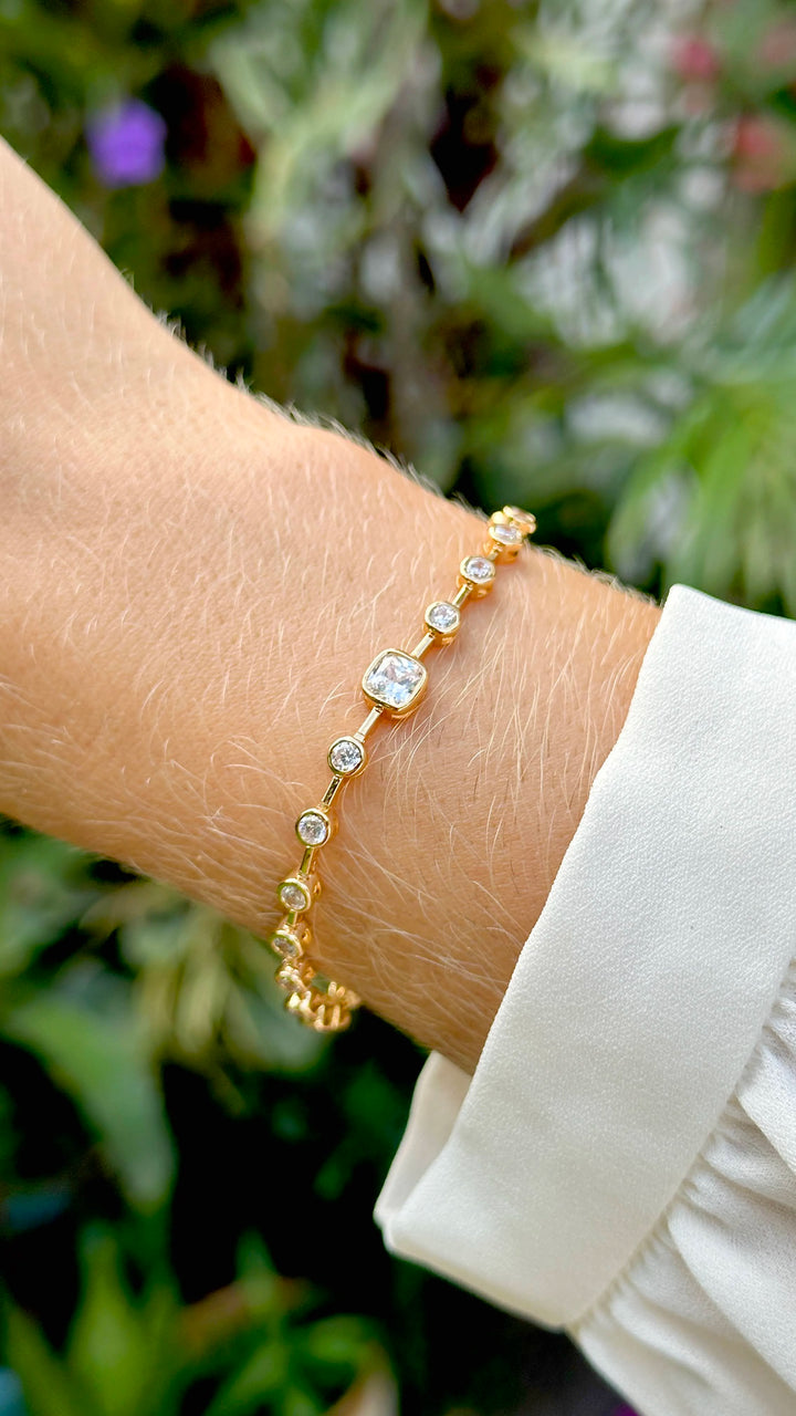 Bright Round Zirconia Riviera Bracelet, 18k Gold Filled