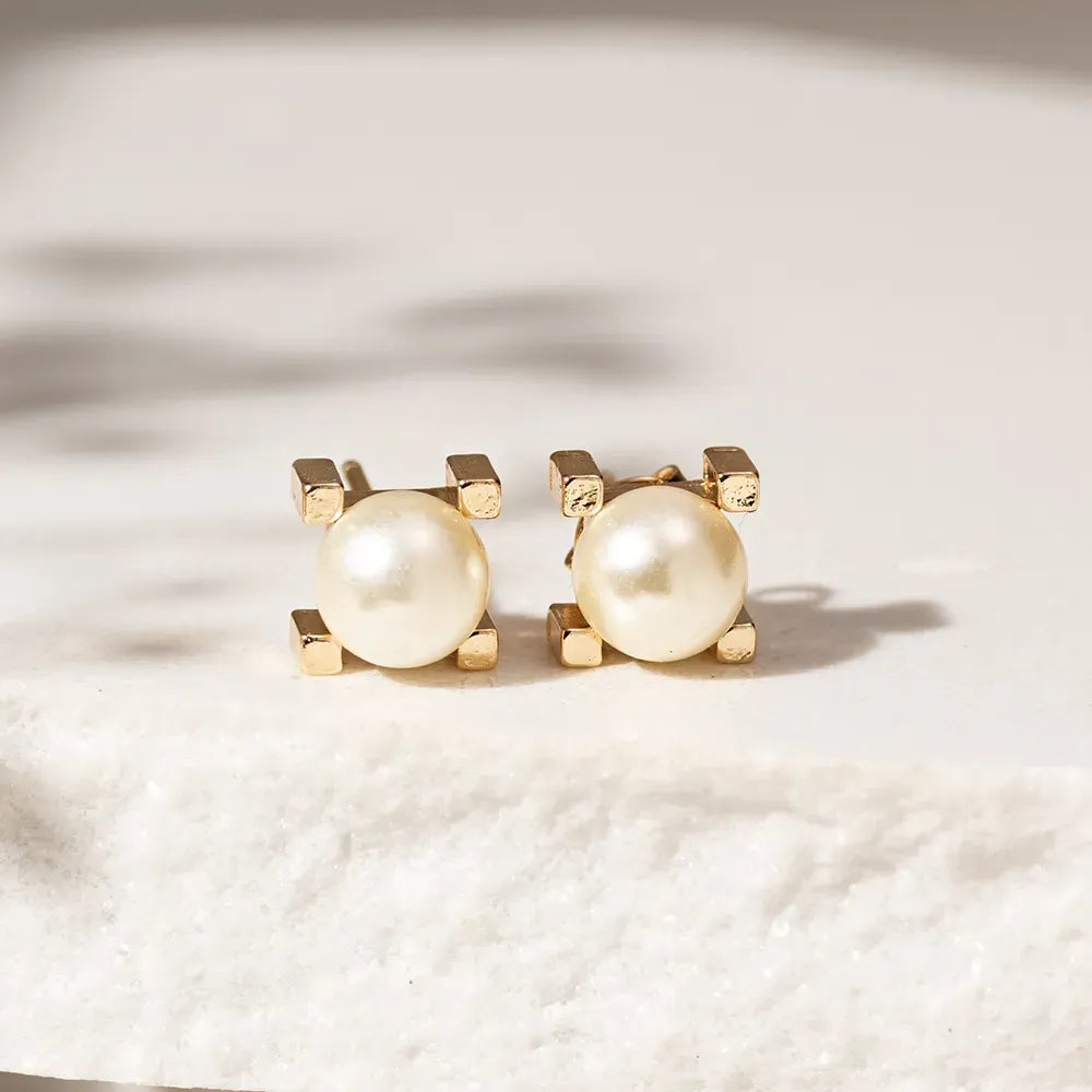 Bright Set Pearl Stud Earrings, 18k Gold Plated