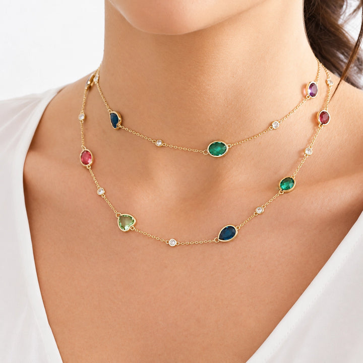 Bright Shapes Multicolour Crystal Long Necklace, 18k Gold Filled