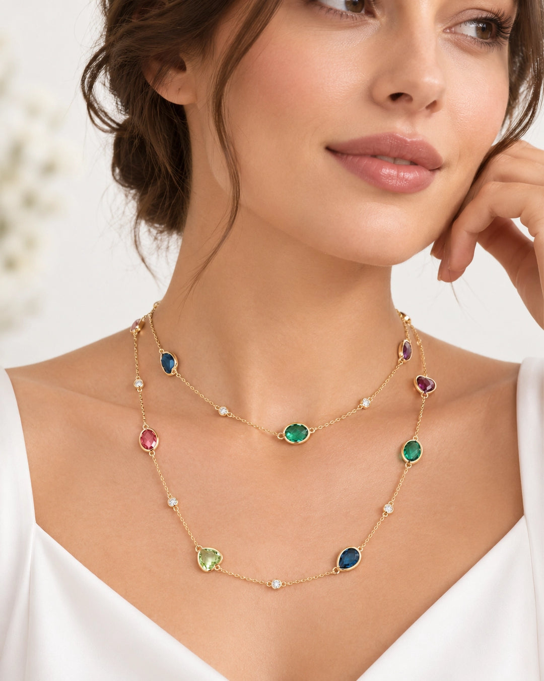 Bright Shapes Multicolour Crystal Long Necklace, 18k Gold Filled