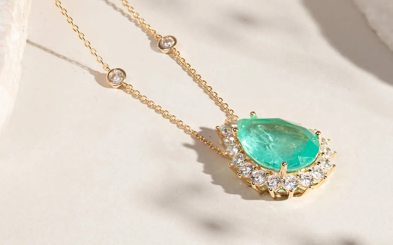 Teardrop Colombian emerald pendant necklace with white zirconia 18k gold filled Elladora Store Australia