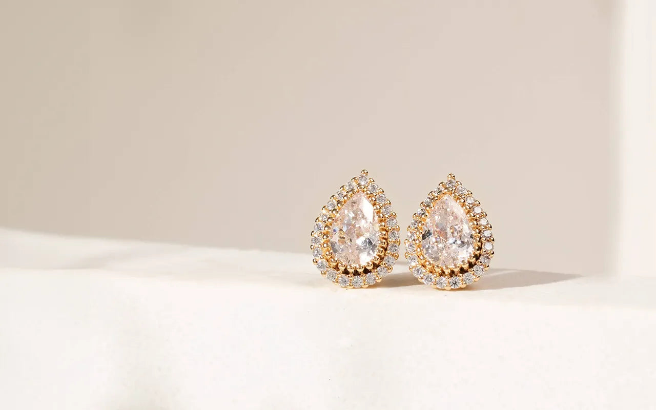 Teardrop stud earrings with white cubic zirconia 18k gold plated Elladora Store Australia