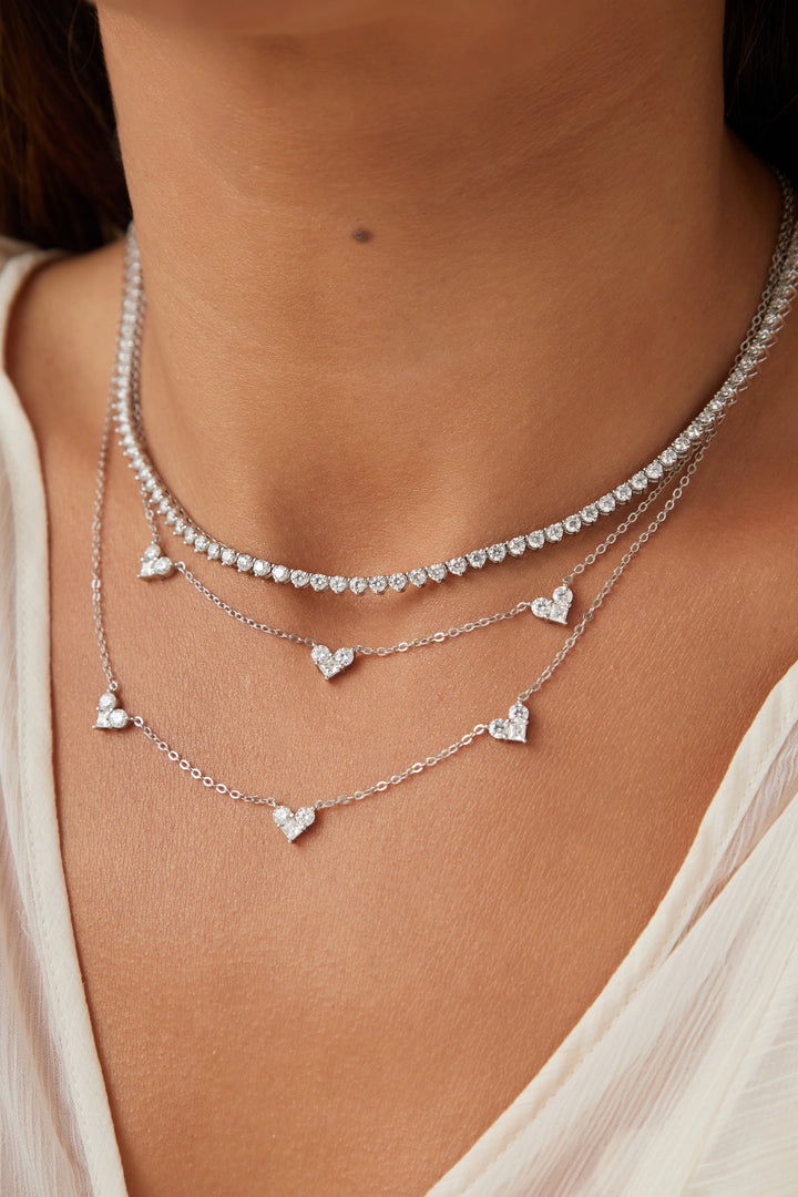 Bright Moissanite Three Heart Necklace 3mm, 925 Sterling Silver Rhodium Plated