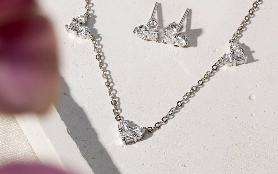 Bright Moissanite Three Heart Necklace 3mm, 925 Sterling Silver Rhodium Plated