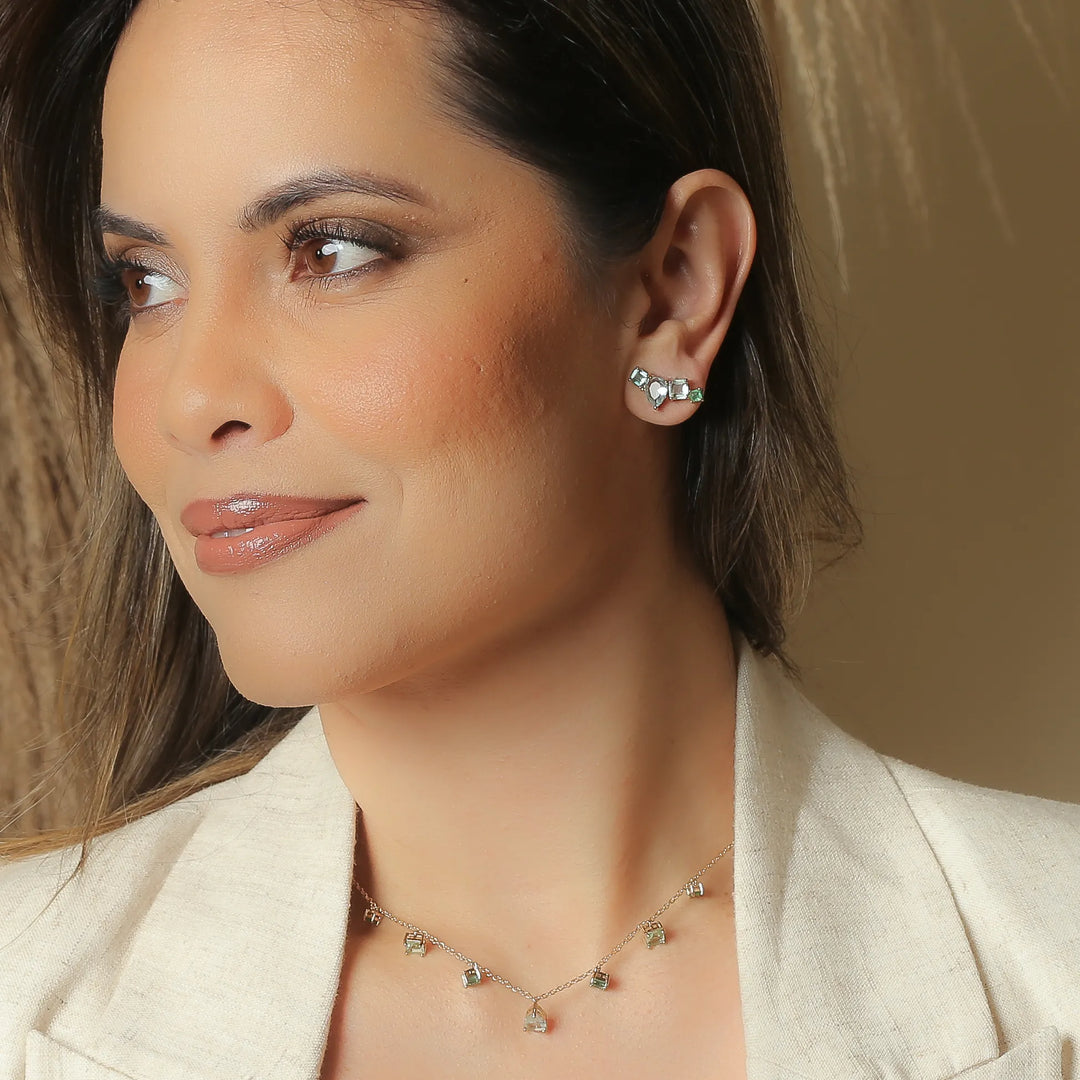 Woman wears 18k Gold Filled Topaz & Paraiba Square crystal Earrings Elladora Store Australia