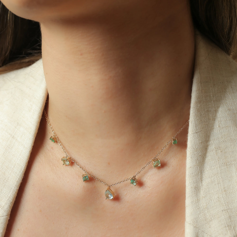Woman wears topaz with paraiba cristal pendant necklace, 18k gold filled Elladora Store Australia