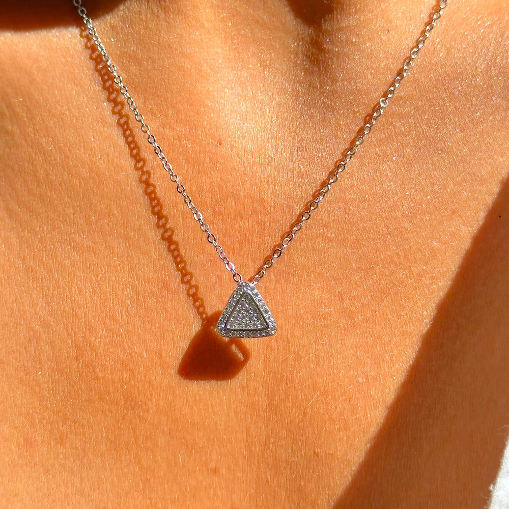 Woman wears Bright Triangle with white Cubic Zirconia Pendant Necklace, 925 Sterling Silver Elladora Store Australia