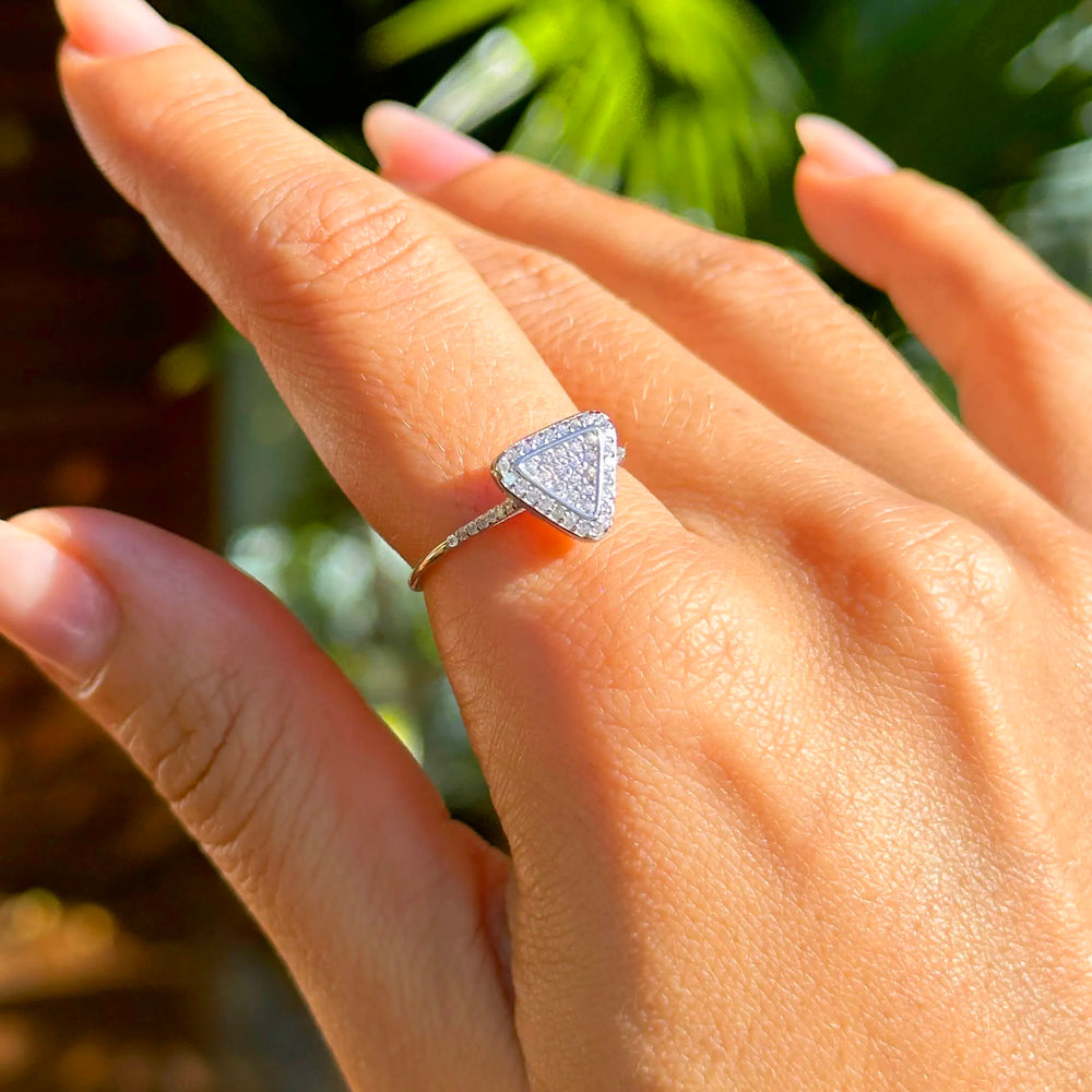 Woman wears Bright Triangle with white Cubic Zirconia solitaire Ring, 925 Sterling Silver Elladora Store Australia