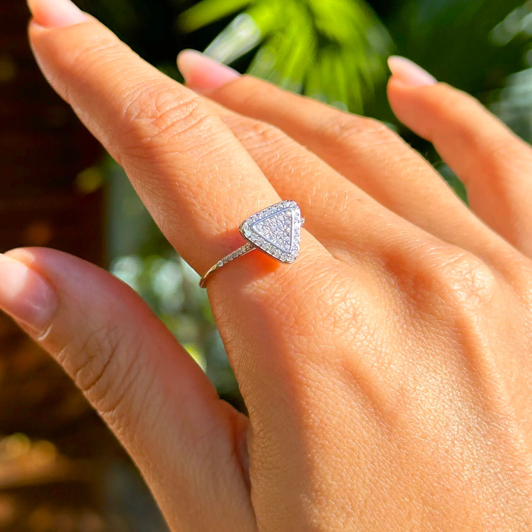 Woman wears Bright Triangle with white Cubic Zirconia solitaire Ring, 925 Sterling Silver Elladora Store Australia