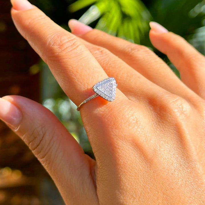Woman wears Bright Triangle with white Cubic Zirconia solitaire Ring, 925 Sterling Silver Elladora Store Australia