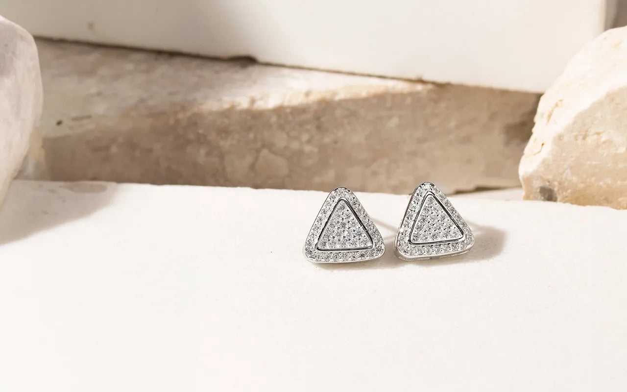 Bright Triangle with white Cubic Zirconia Stud Earrings, 925 Sterling Silver Elladora Store Australia