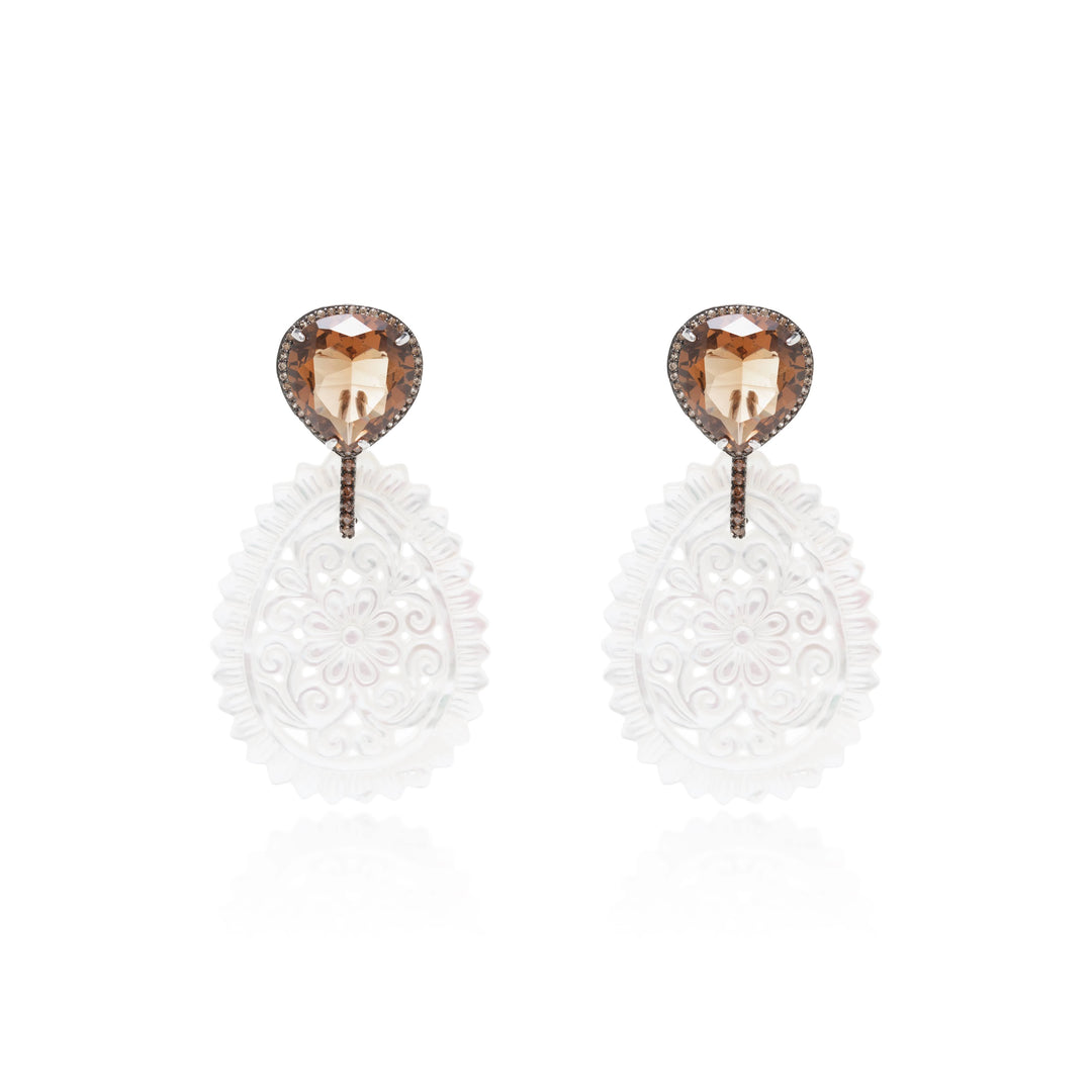 Bright Versatile Smoky Quartz & Mother-of-Pearl Earrings, Rhodium Plated