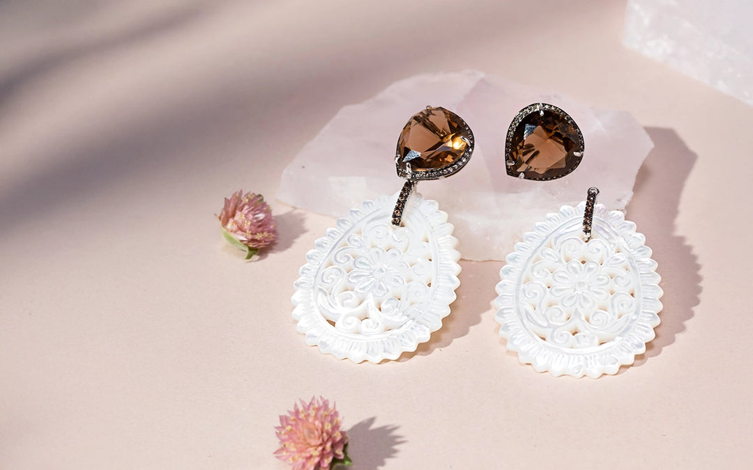 Bright Versatile Smoky Quartz & Mother-of-Pearl Earrings, Rhodium Plated