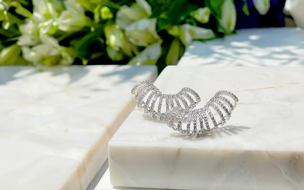 Bright Wave with white Cubic Zirconia Statement Ear Cuff Earring, Rhodium Plated Elladora Store Australia