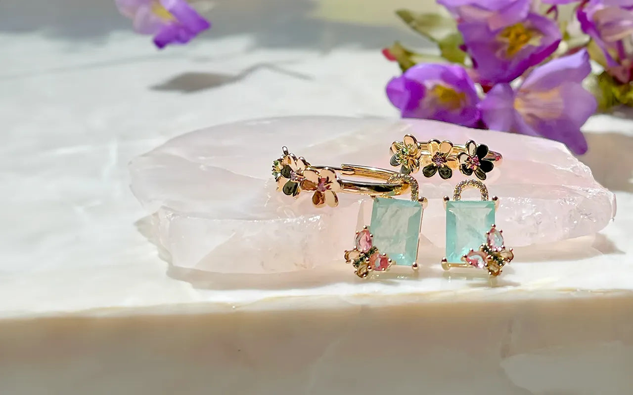 Butterfly & Flowers, Rectangular Light Blue Tourmaline Fusion, Pink Tourmaline & Smokey Topaz Crystal Earrings, 18k Gold Filled Elladora Store Australia