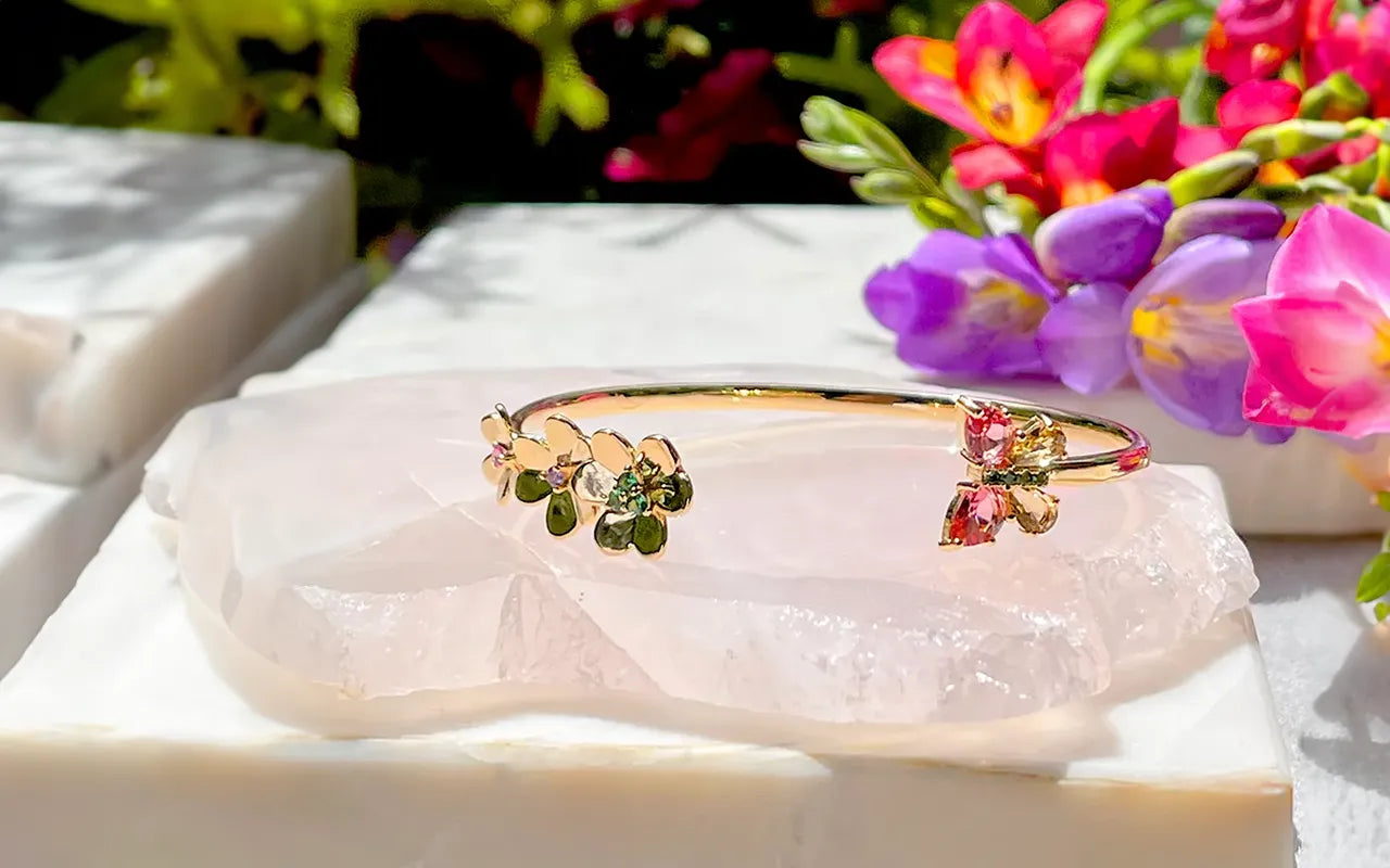 Butterfly & Flowers, Pink Tourmaline, Citrine, Smokey Topaz Crystal & Emerald, Amethyst Zirconia Cuff Bracelet, 18k Gold Filled Elladora Store Australia