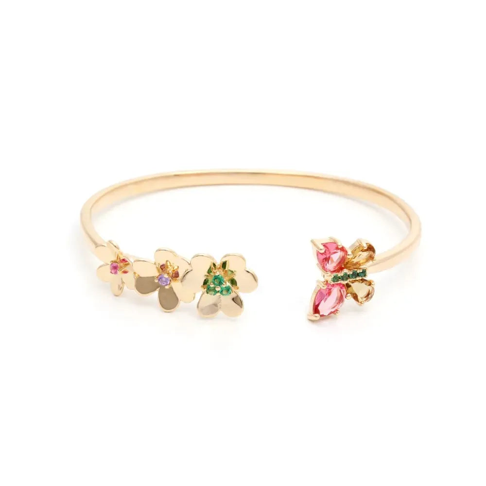 Butterfly & Flowers, Pink Tourmaline, Citrine, Smokey Topaz Crystal & Emerald, Amethyst Zirconia Cuff Bracelet, 18k Gold Filled Elladora Store Australia