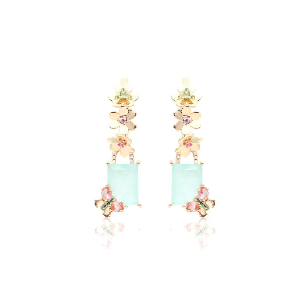 Butterfly & Flowers, Rectangular Light Blue Tourmaline Fusion, Pink Tourmaline & Smokey Topaz Crystal Earrings, 18k Gold Filled Elladora Store Australia