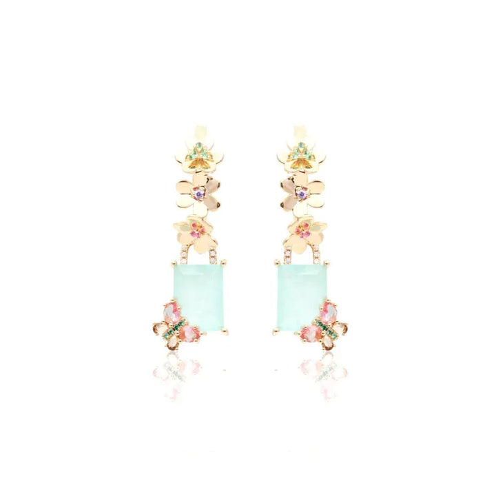 Butterfly & Flowers, Rectangular Light Blue Tourmaline Fusion, Pink Tourmaline & Smokey Topaz Crystal Earrings, 18k Gold Filled Elladora Store Australia