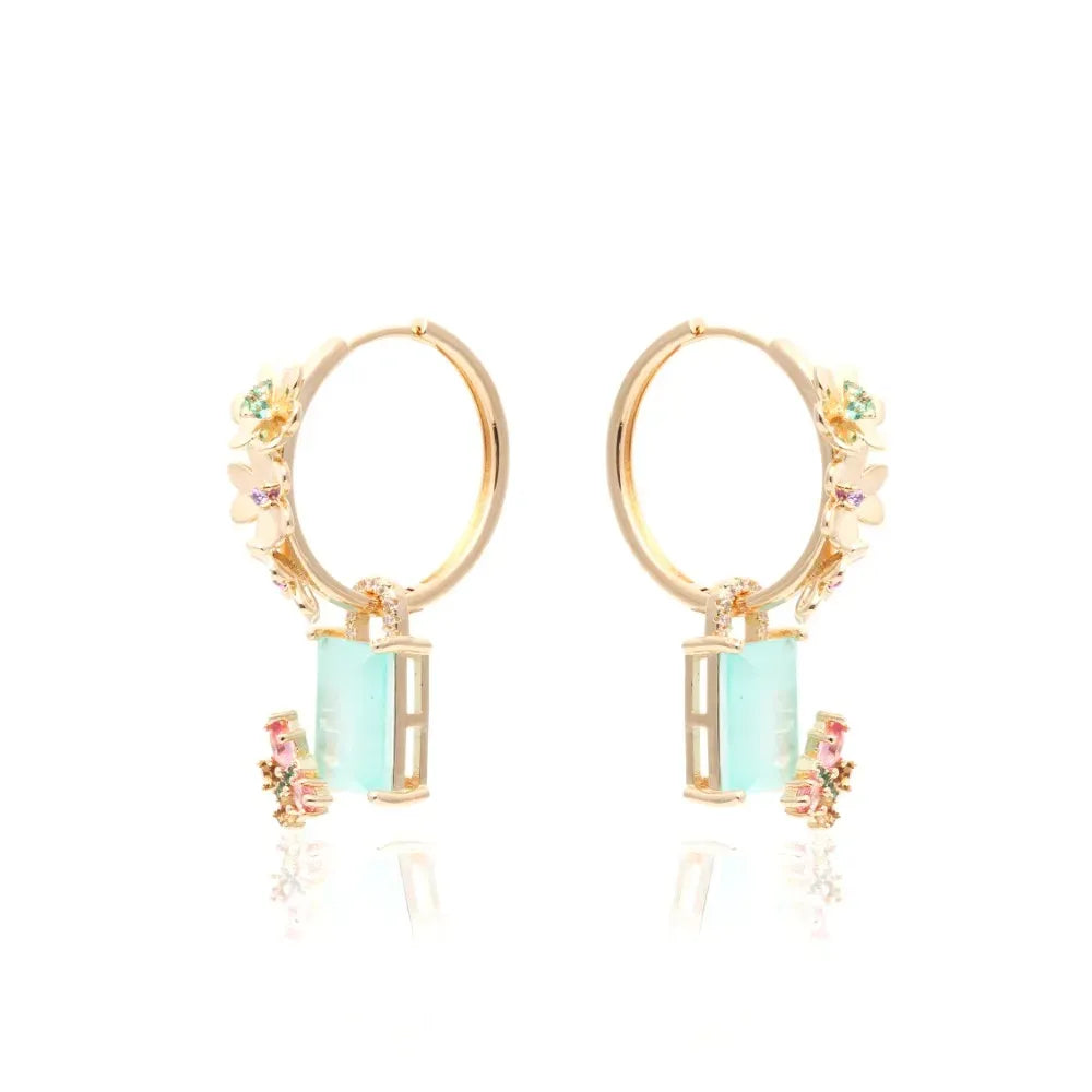 Butterfly & Flowers, Rectangular Light Blue Tourmaline Fusion, Pink Tourmaline & Smokey Topaz Crystal Statement Earrings, 18k Gold Filled Elladora Store Australia