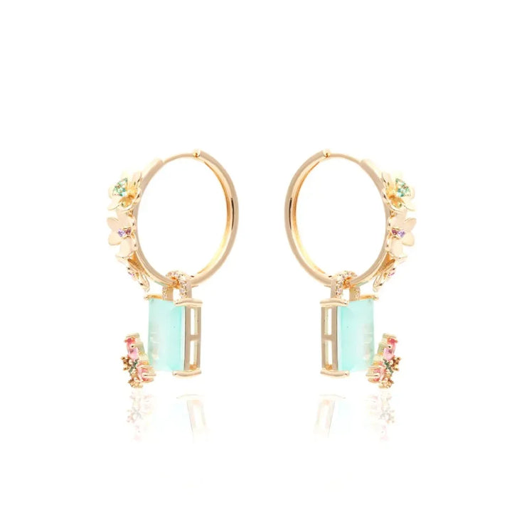 Butterfly & Flowers, Rectangular Light Blue Tourmaline Fusion, Pink Tourmaline & Smokey Topaz Crystal Statement Earrings, 18k Gold Filled Elladora Store Australia