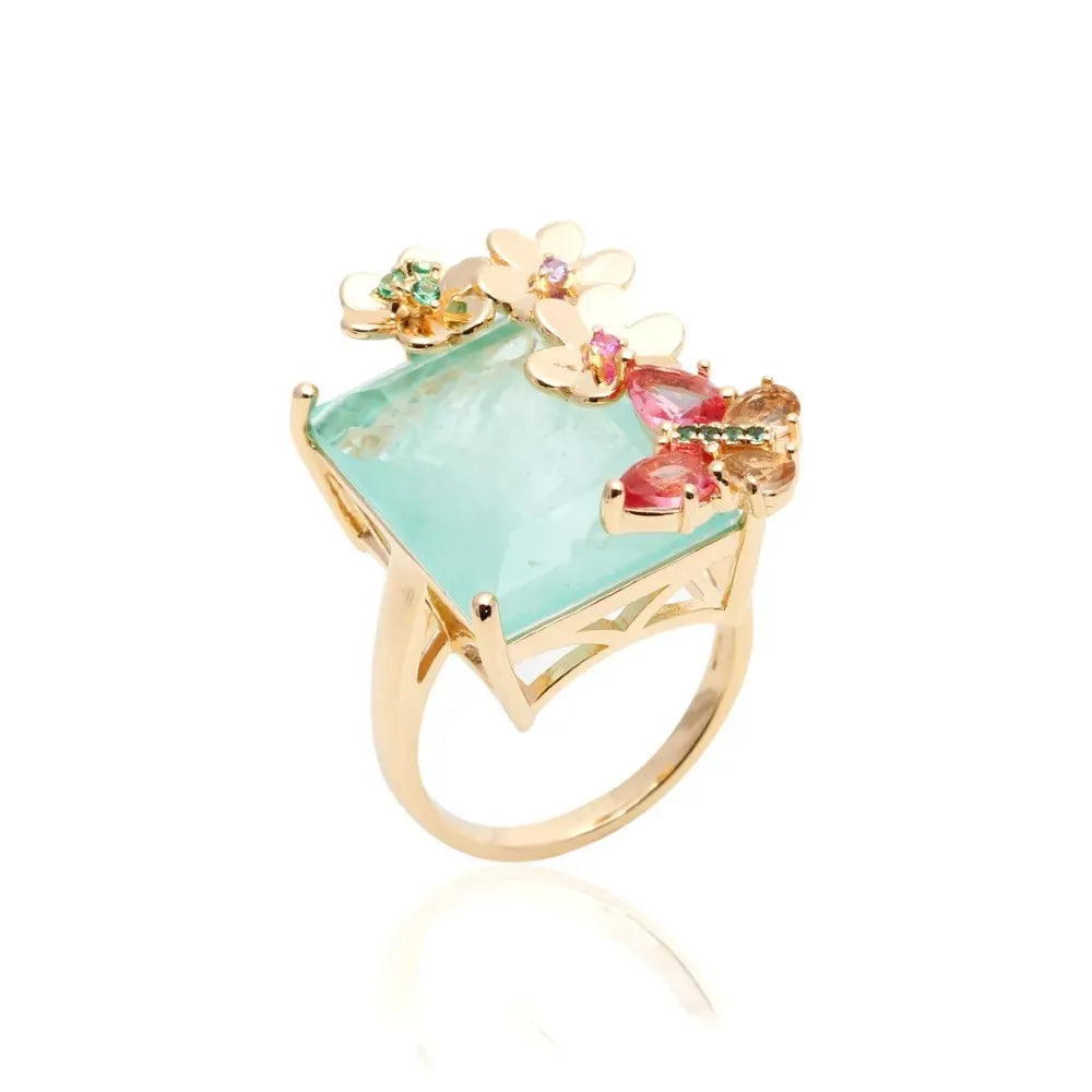 Butterfly & Rectangular Light Blue Tourmaline Fusion, Pink Tourmaline & Smokey Topaz Crystal Fusion Ring, 18k Gold Filled Elladora Store Australia